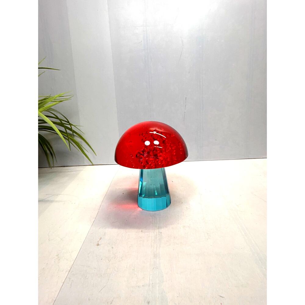 Vintage Art Glass Mushroom Paperweight Red Controlled Bubble Faceted Blue 4.5"